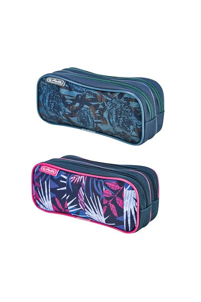 Herlitz Teens Double Pencil Case, Polyester, 2 Compartments, Camo Tiger and Indigo Flower, 21×9×6.5 cm