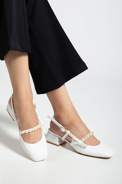 Genetti Ceyly Small Pearl Tape Detail Black Skin Casual White Women's Heels Shoes