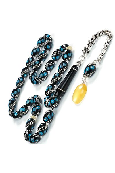 TESBİHCİBABA Capsule Cut Blue Spiral Processing Erzrurum Oltu Stone Prayer Beads