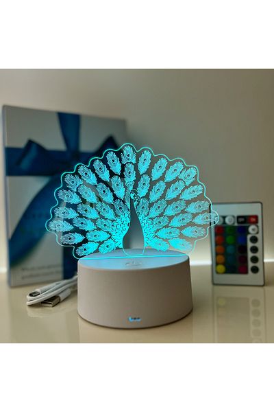 ILUMISHOP Lampa De Veghe 3D LED, Paun, 16 Culori cu telecomanda, USB sau 3 baterii AA