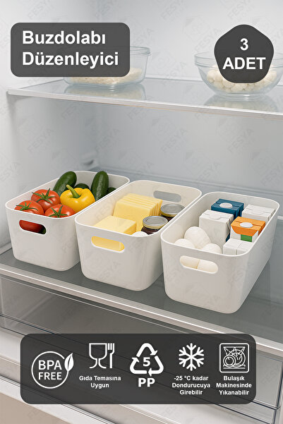Fesya Home 3 Adet Buzdolabı Düzenleyici Organizer Beyaz Renk Plastik Çok Amaç...