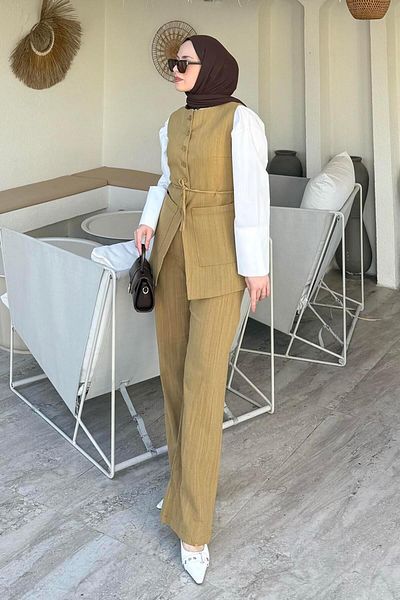 lamelif Λινό Σετ Γιλέκο Διπλής Τσέπης Μουσταρδί Κίτρινο