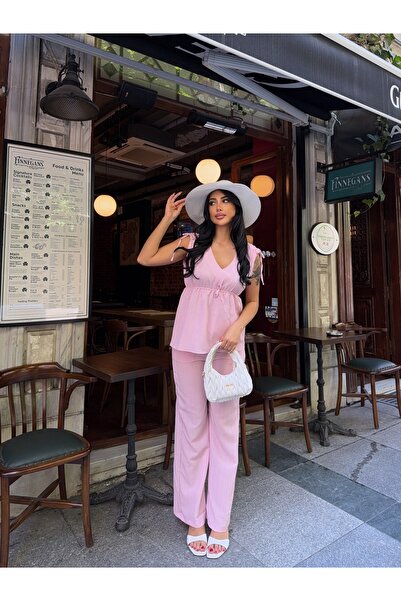 CARLA MARA Set bluză și pantaloni fără mâneci cu decolteu în V roz