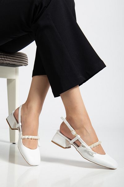 Genetti Ceyly Small Pearl Tape Detail Black Skin Casual White Women's Heels Shoes
