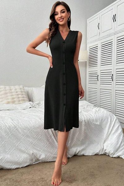 Mossta V-Neck Buttoned Camisole Midi Dress - Black