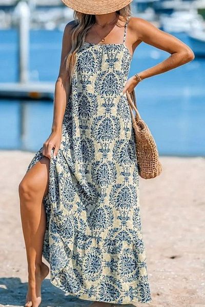 Mossta Patterned Long Single Jersey Dress with Rope Strap - Blue