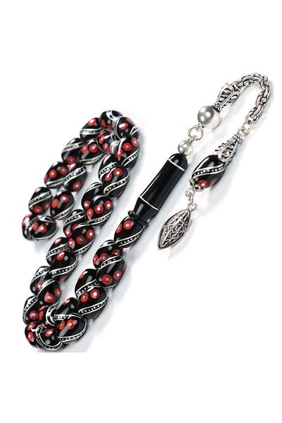 TESBİHCİBABA Capsule Cut Red Spiral Processing Erzrurum Oltu Stone Prayer Beads