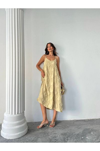 BE CHİC Women's V-Necklace Strap Tassel Detailed Linen Look Loose Casual Casual Dress Sg4711
