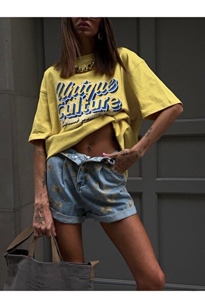 The Champ Clothing Γυναικείο κίτρινο μπλουζάκι με στάμπα με μοναδική κουλτούρα, καλοκαιρινό μοντέλο για το δρόμο, αθλητικό, υπερμεγέθη, casual μοντέλο