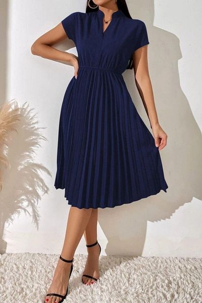 Mossta Judge Collar Short Sleeve Pleated Crepe Dress - Navy Blue