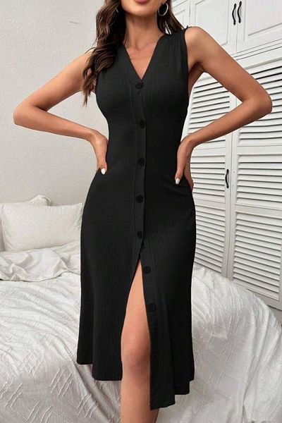 Mossta V-Neck Buttoned Camisole Midi Dress - Black