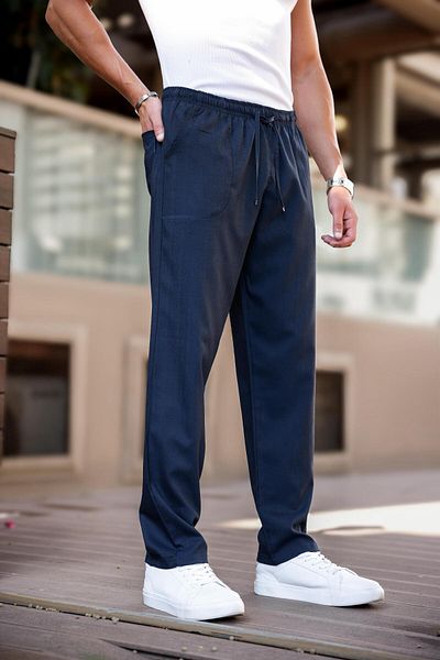 hello7 Men's Black Elastic Waist Lace up Straight Leg Lycra Comfortable Fit Loose Cut Trousers