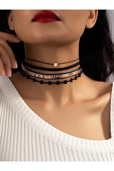 Belora Coliere Choker 4 în 1 cu straturi multiple, inimă aurie, imprimeu șarpe, flori de catifea