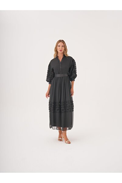 SERPİL Dantel Detaylı Kemerli Şifon Gömlek Elbise
