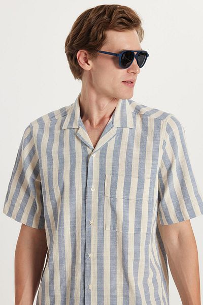 Tudors Men's Regular Fit Classic Cut Short Sleeve Apaş Collar Striped Pocket 100% Cotton Shirt
