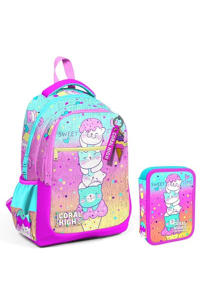 Coral High Green Pink Ice Cream and Cats Girl's School Bag and Organizer Pen Holder Set 23648+1