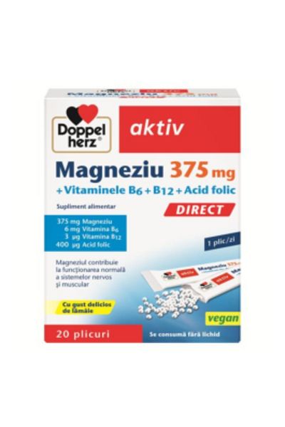 Doppelherz Magneziu 375 mg Direct + Vitaminele B6 + B12 + Acid folic, 20 plicuri,