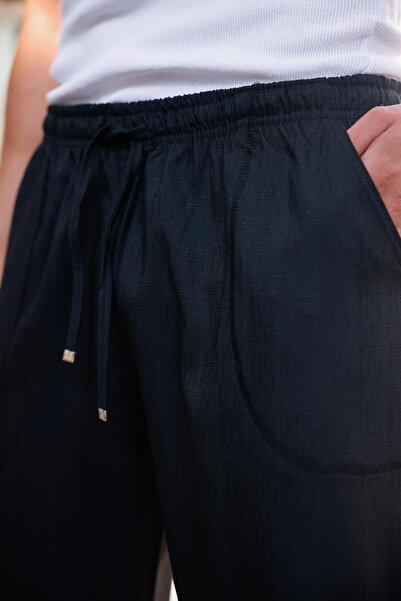 hello7 Erkek Siyah Beli Lastikli Bağcıklı Düz Paça Likralı Rahat Kalıp Bol Kesim Pantolon