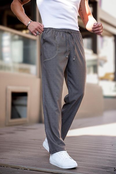 hello7 Men's Black Elastic Waist Lace up Straight Leg Lycra Comfortable Fit Loose Cut Trousers