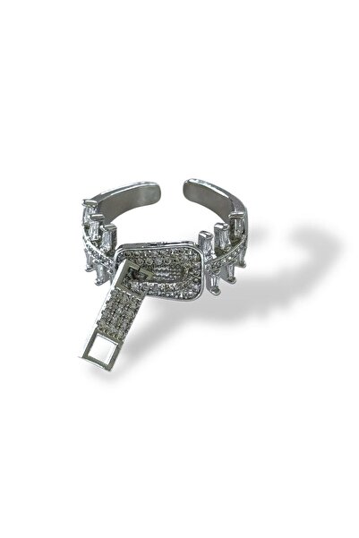 TAKIŞTIR Silver Color Adjustable Ring with Zipper Figure