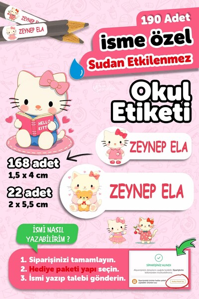 MSticker Okul Etiketi Kalem Defter isimli Etiket Isim Yazılabilen Hello Kety ...