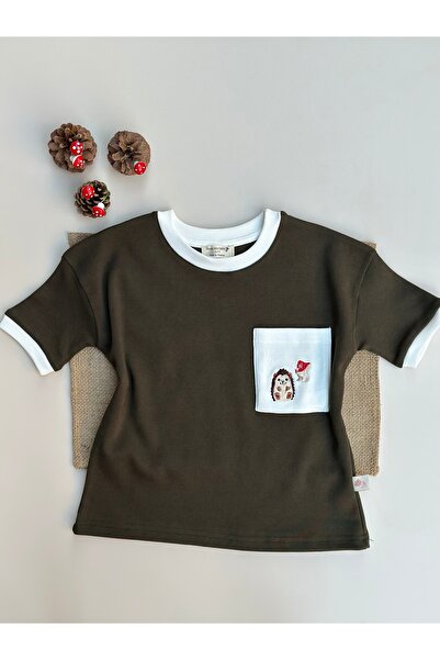 Mama Miel Baby Тениска с бродиран джоб с таралеж - каки 100% памук