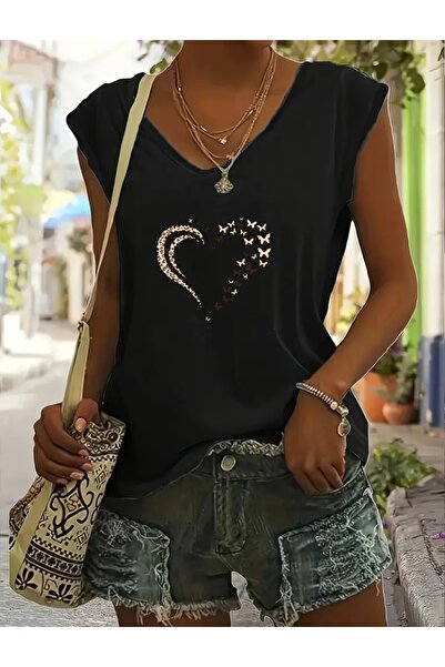 FUFLUNS تي شيرت نسائي بدون أكمام مطبوع عليه قلب