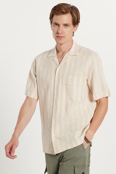 Tudors Men's Regular Fit Classic Cut Short Sleeve Apaş Collar Striped Pocket 100% Cotton Shirt