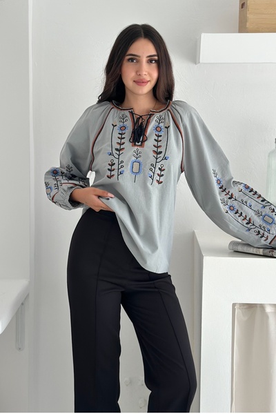 FEMELLE Women's Gray Bohemian Ethnic Pattern Embroidery Embroidered Cotton Blouse