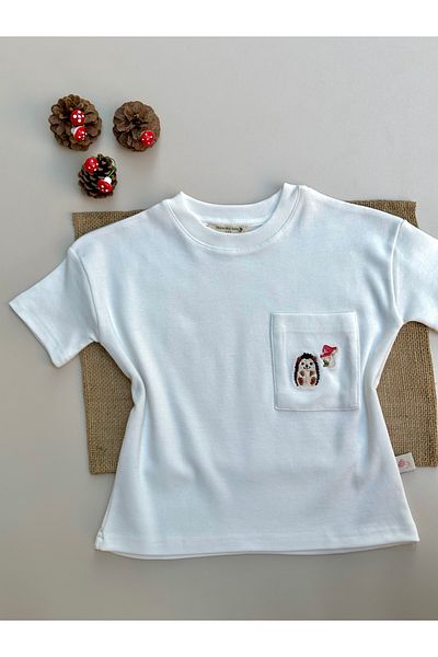 Mama Miel Baby Hedgehog Embroidered Pocket Oversize T-Shirt White - 100% Cotton