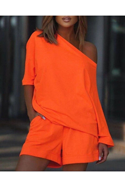 buğrahayalin Women's Boat Neck Loose Two Thread Blouse and Shorts Double Set