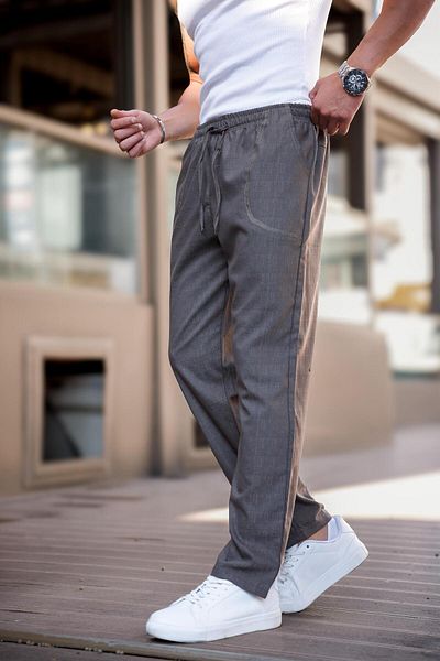 hello7 Men's Black Elastic Waist Lace up Straight Leg Lycra Comfortable Fit Loose Cut Trousers