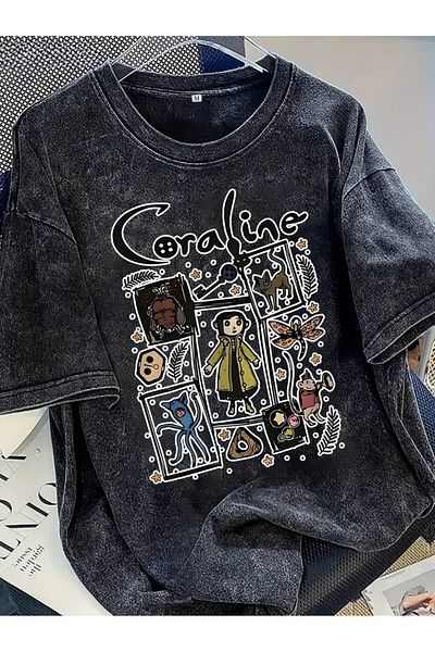 Touz Moda Tricou oversize unisex vintage lavabil cu imprimeu Coraline