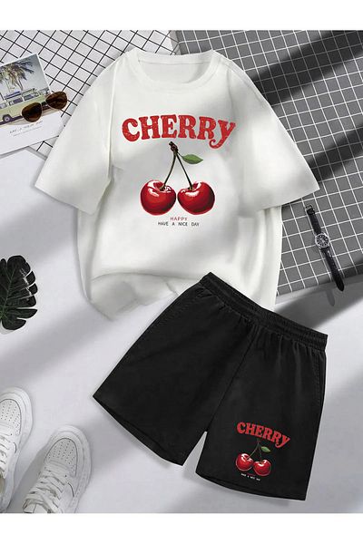 COHERENT Unisex Women/Men White Black Colored Cherry Custom Printed Shorts T-Shirt Set