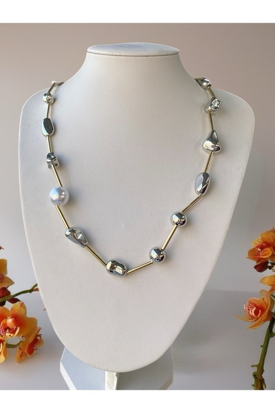 MODA Gümüş ve gold renkli çelik kolye