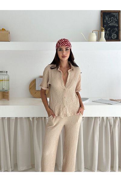 Ozy Fashion Beige Seersucker Fabric Summer Double Suit