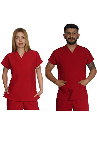 Marka LİKRALI UNİSEX HEMŞİRE VE DOKTOR TEK ÜST ÜNİFORMA KIRMIZI