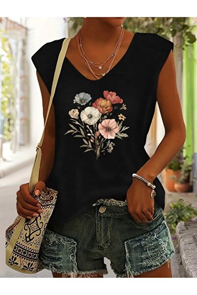 FUFLUNS تي شيرت نسائي بدون أكمام مطبوع عليه زهور