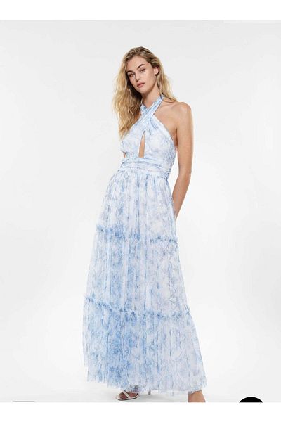 Imperial Maxi Dress with Floral Print in Shades of Blue and White
