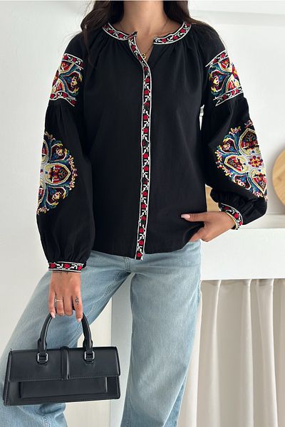 FEMELLE Cămașă din bumbac brodat cu broderie florală cu mâneci balon cu nasturi albe pentru femei