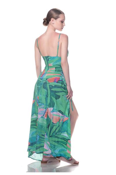 Appleline Summer Back Detailed Slit Strap Green Viscose Patterned Dress