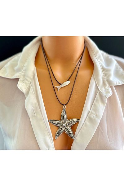 Limi Design Leather Rope Multi Necklace with Starfish and Fish Accessories