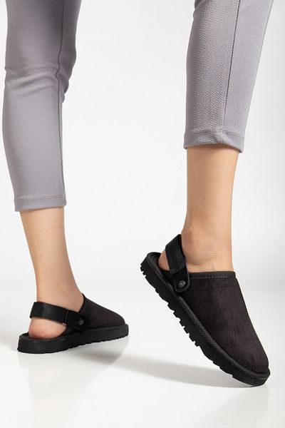meyra'nın ayakkabıları Women's Black Suede Velcro Adjustable Slippers - Sandals
