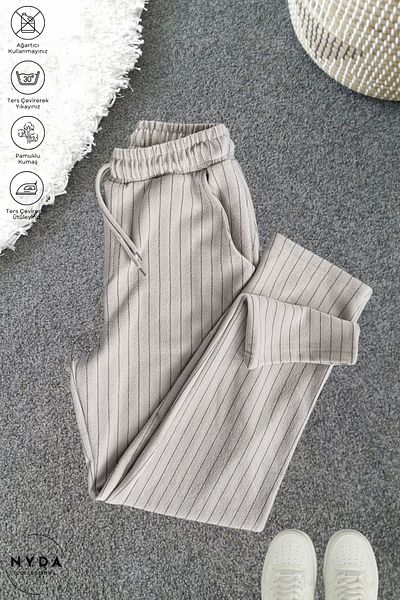 Nyda Collections Men's Crepe Fabric Striped Seasonal Pocket Elastic Waist Lace-Up Trousers