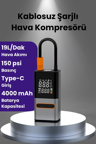 Yussraw AUHMA 9911 Hava Kompresörü 4000 mAh 4IN1 Şarjlı+Araç Taşınabilir Araç...