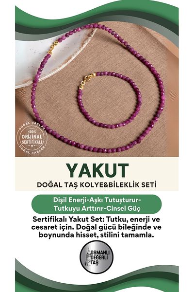 OSMANLI DEĞERLİ TAŞ Certified Ruby Natural Stone Bracelet (18cm) and Necklace (45cm) Set