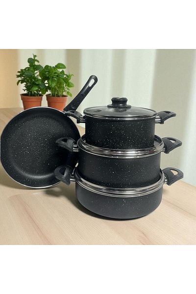 ENASHOP 7 Piece Granite Cookware Set |   20-24-26-26cm |   Fireproof Non-Stick |   Pan + Deep/Shallow Pot |   Dowry
