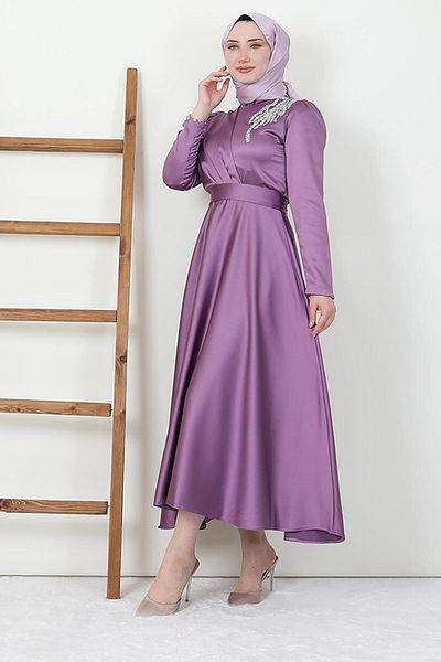 GİYZAMİLA Stoned Satin Evening Dress Lilac