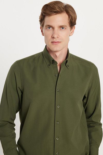 Tudors Regular Fit Button Collar Cotton Easy Iron Oxford Plain Men's Khaki Shirt
