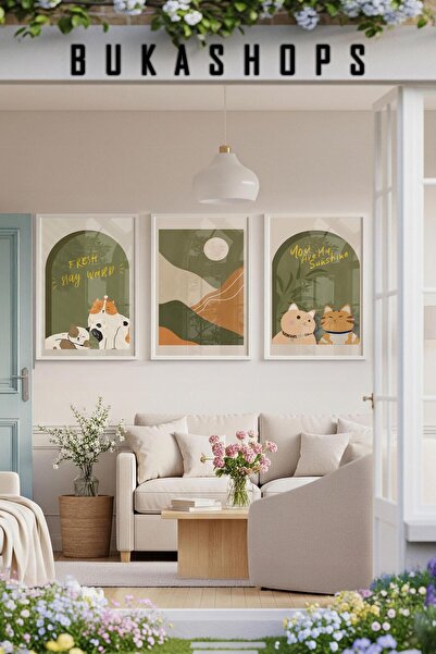 Buka Shops Modern Çizim Kedi Temalı 3'lü Duvar Tablosu Seti - Beyaz Çerçeveli